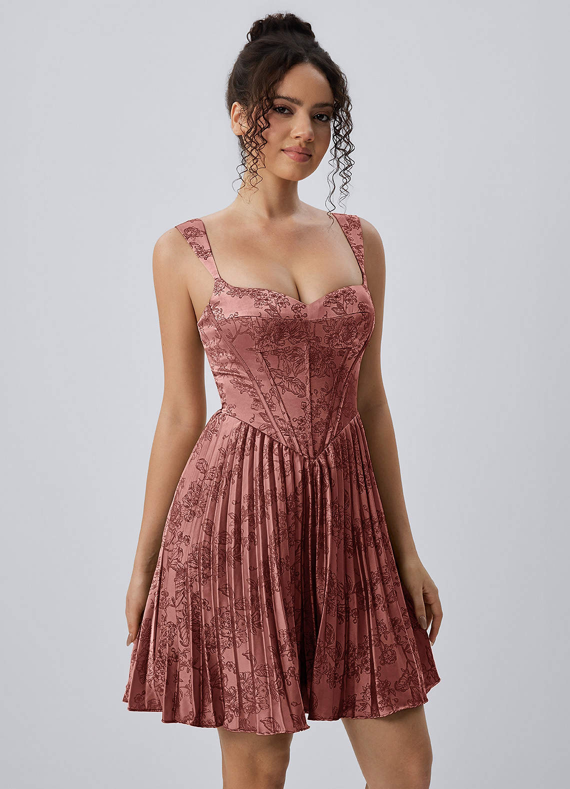 Jade A-Line Mini Corset Floral Satin Prom Dress in Vintage Rose