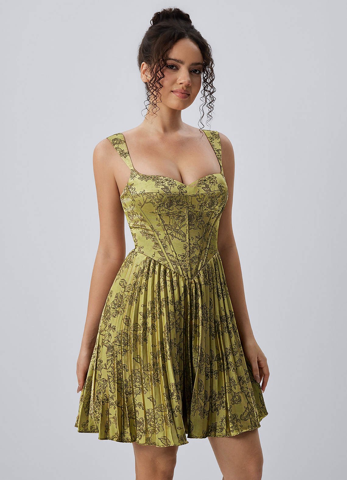 Jade A-Line Mini Corset Floral Satin Prom Dress in Moss Brown