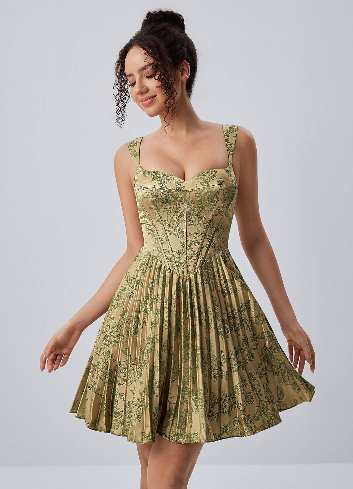 Jade A-Line Mini Corset Floral Satin Prom Dress in Green Brown