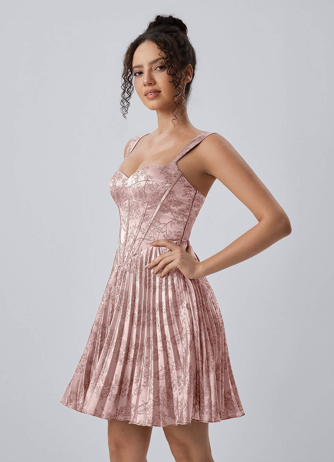 Jade A-Line Mini Corset Floral Satin Prom Dress in Pink