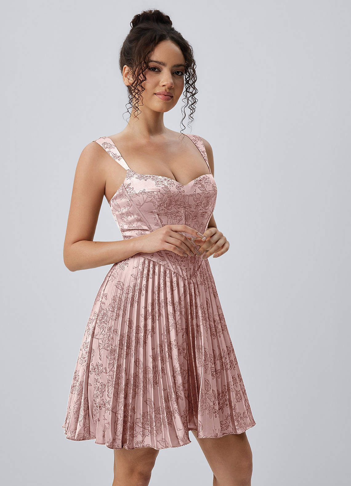 Jade A-Line Mini Corset Floral Satin Prom Dress in Pink