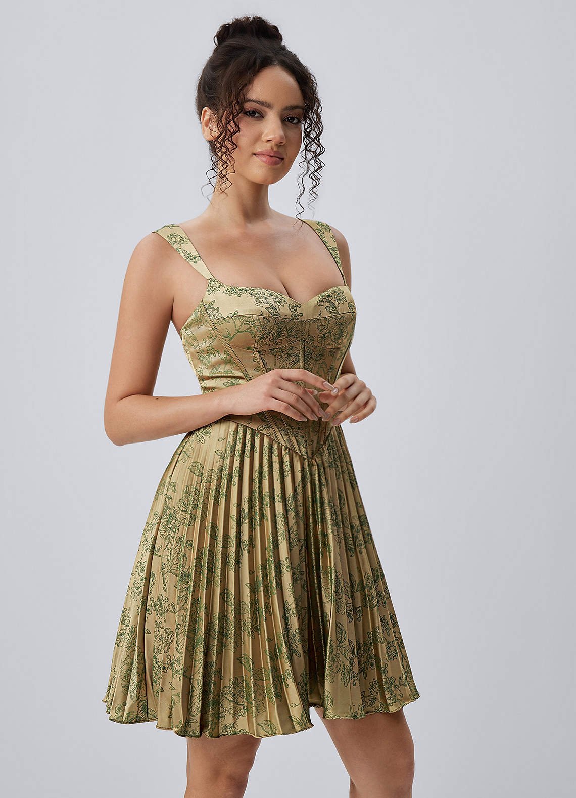 Jade A-Line Mini Corset Floral Satin Prom Dress in Green Brown