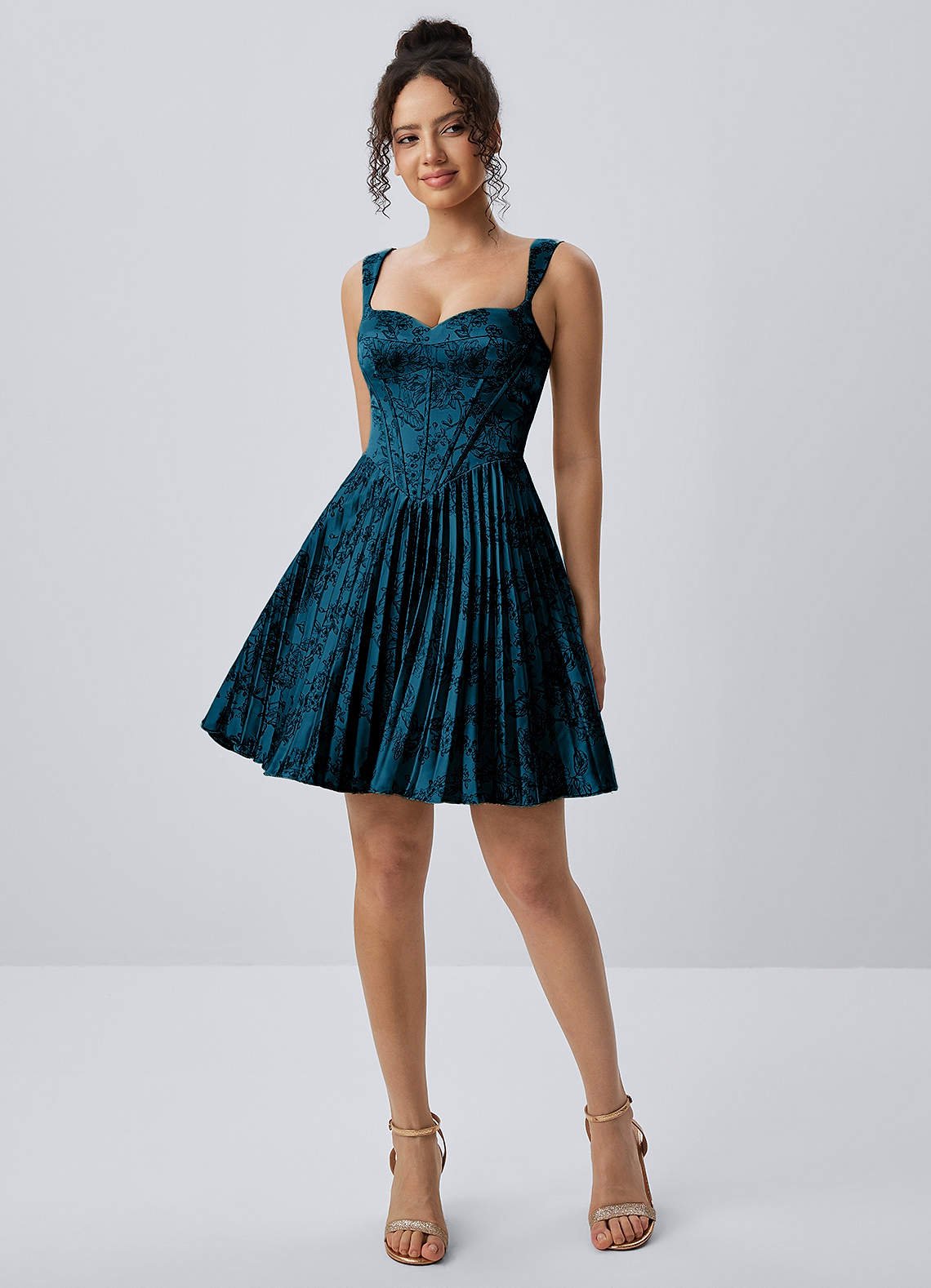 Jade A-Line Mini Corset Floral Satin Prom Dress in Navy Black