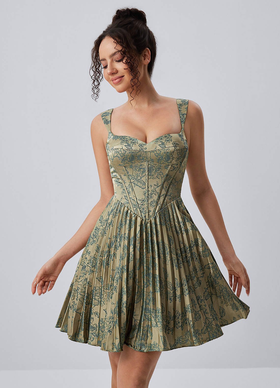 Jade A-Line Mini Corset Floral Satin Prom Dress in Green Brown