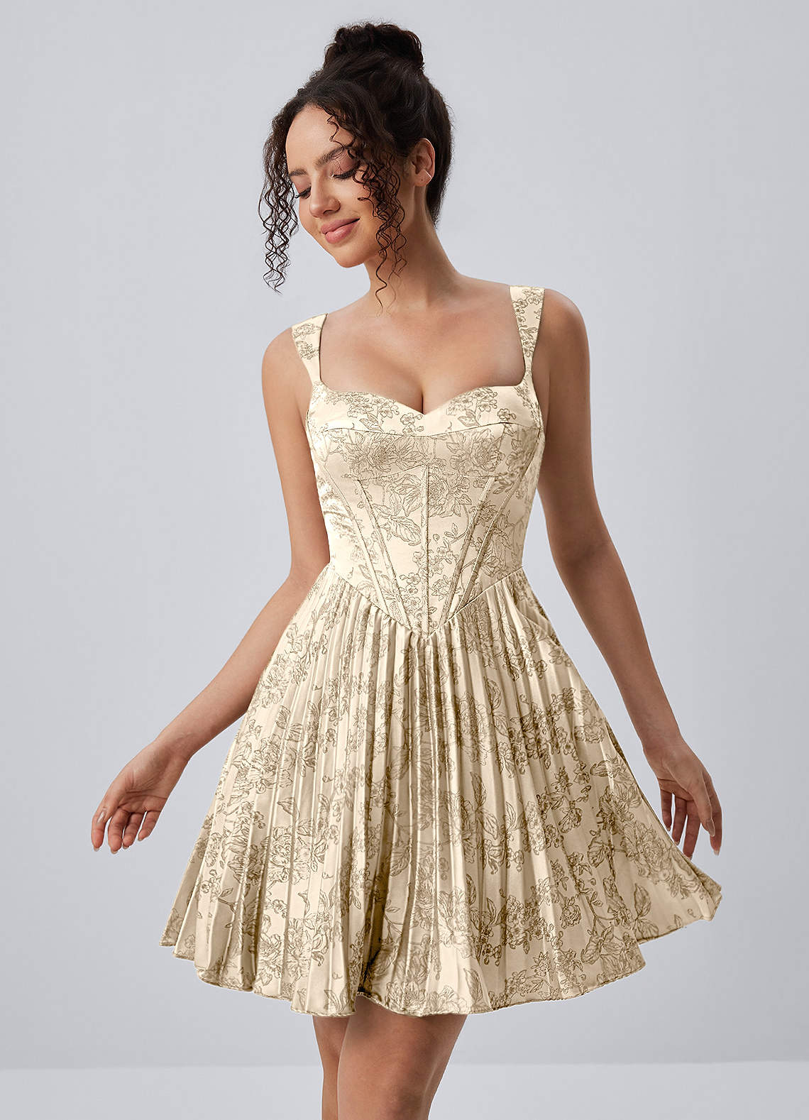 Jade A-Line Mini Corset Floral Satin Prom Dress in Green Brown