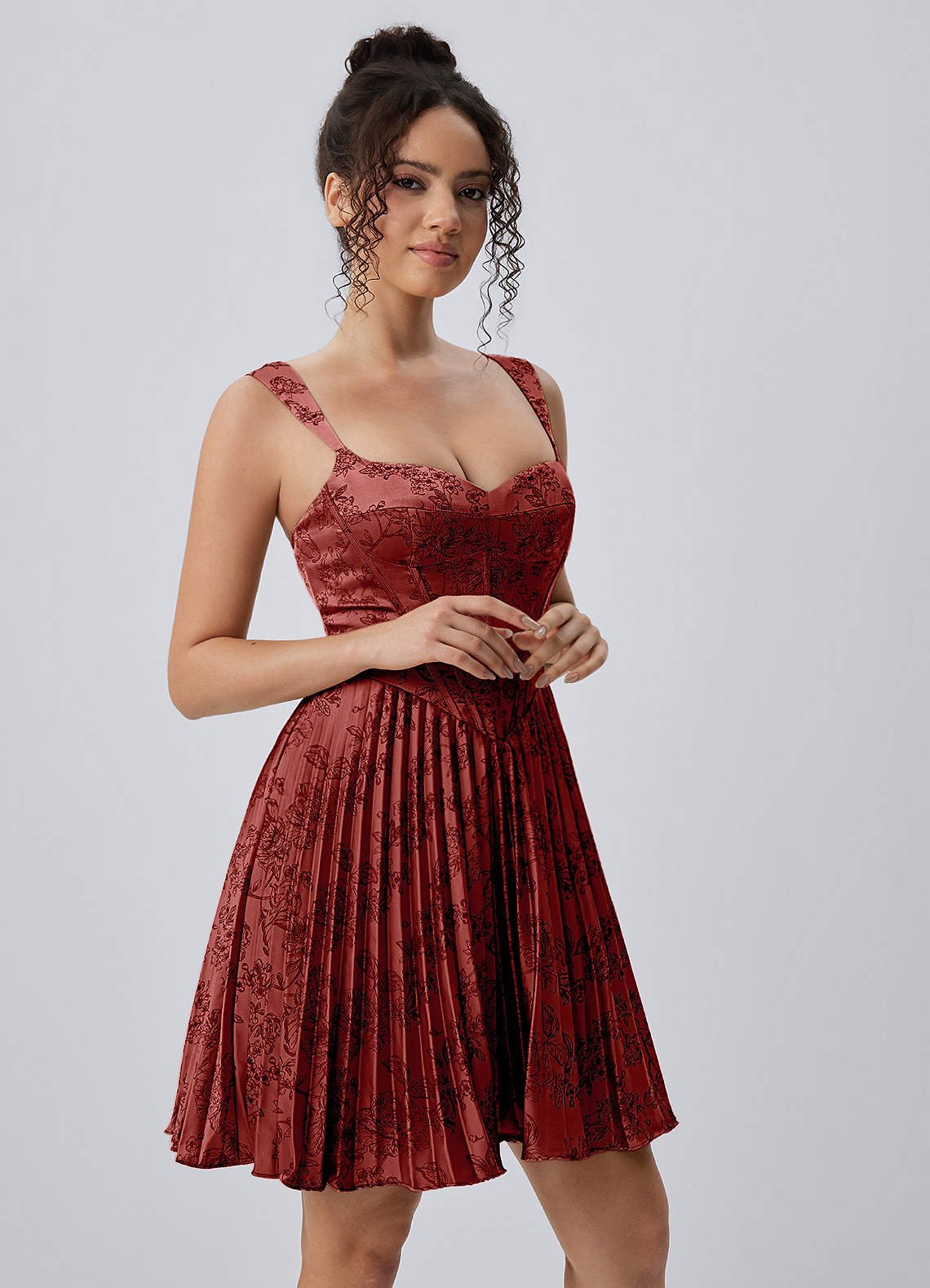 Jade A-Line Mini Corset Floral Satin Prom Dress in Orange Red