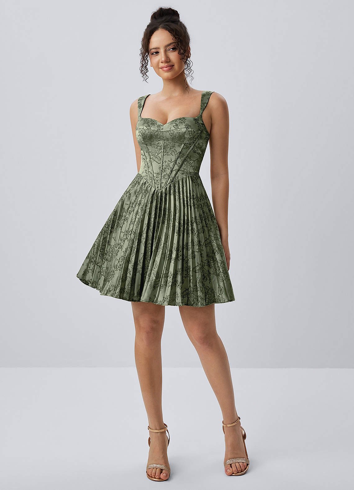 Jade A-Line Mini Corset Floral Satin Prom Dress in Sage Blue