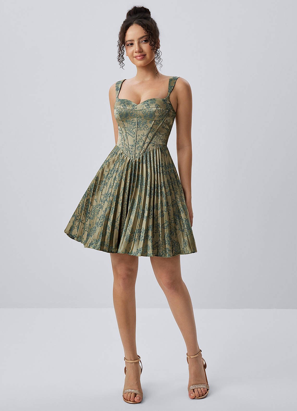 Jade A-Line Mini Corset Floral Satin Prom Dress in Platinum Teal