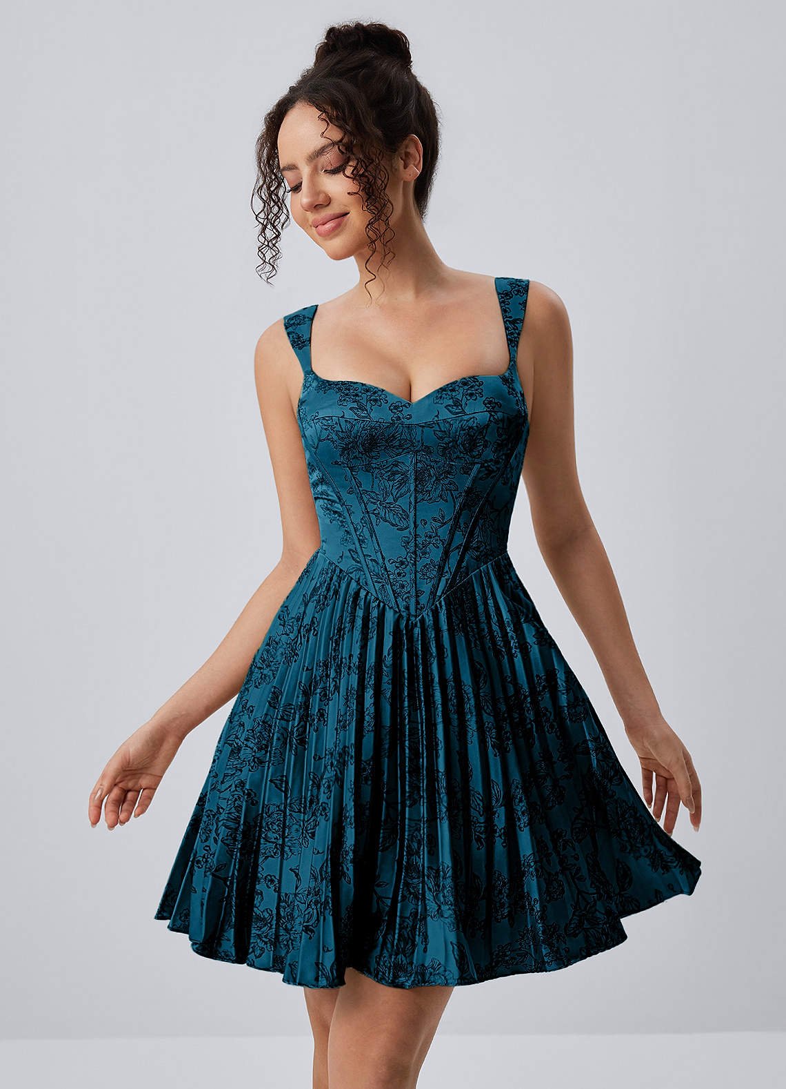 Jade A-Line Mini Corset Floral Satin Prom Dress in Green Brown