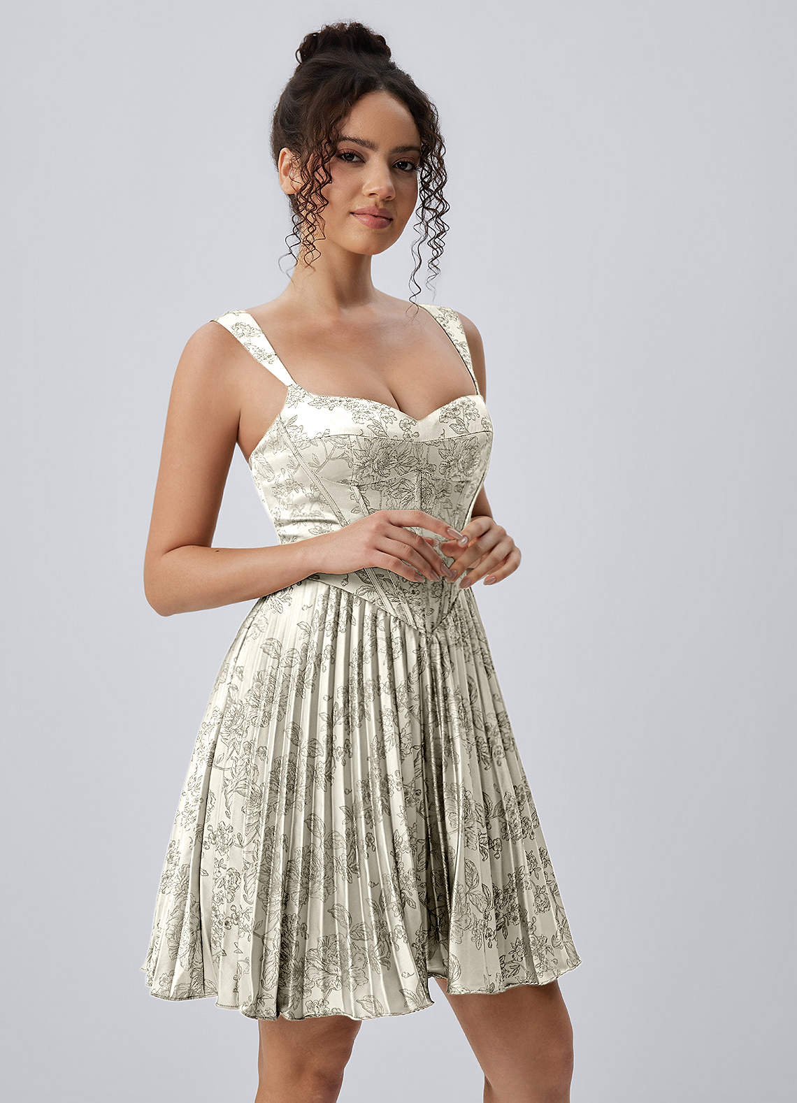 Jade A-Line Mini Corset Floral Satin Prom Dress in Cream
