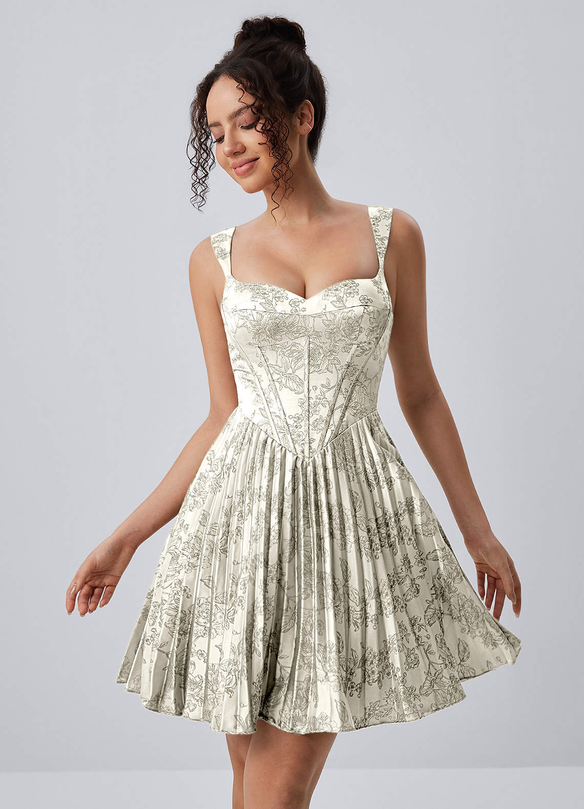 Jade A-Line Mini Corset Floral Satin Prom Dress in Green Brown