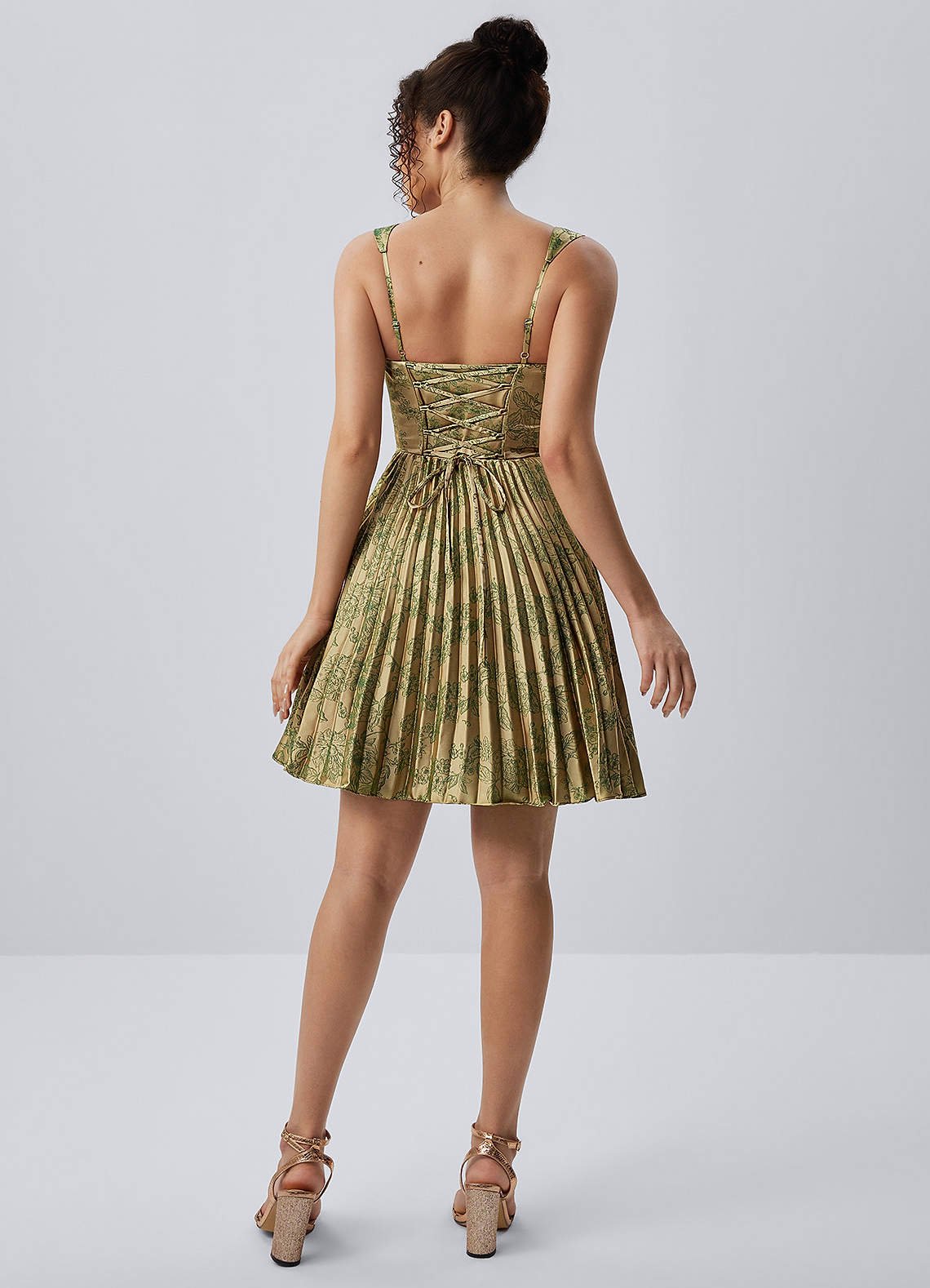 Jade A-Line Mini Corset Floral Satin Prom Dress in Green Brown