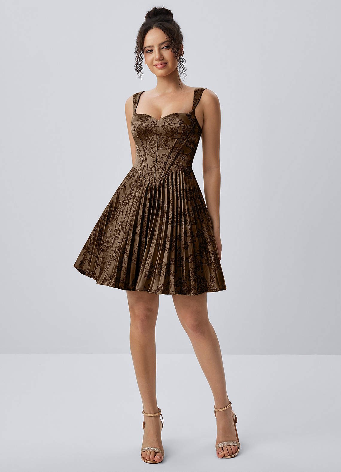 Jade A-Line Mini Corset Floral Satin Prom Dress in Coffee Brown