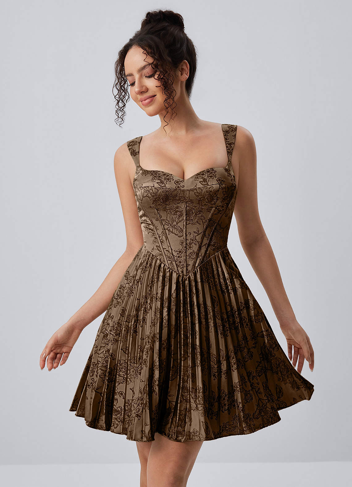 Jade A-Line Mini Corset Floral Satin Prom Dress in Green Brown