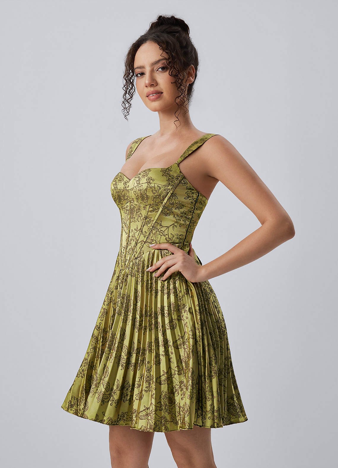 Jade A-Line Mini Corset Floral Satin Prom Dress in Moss Brown