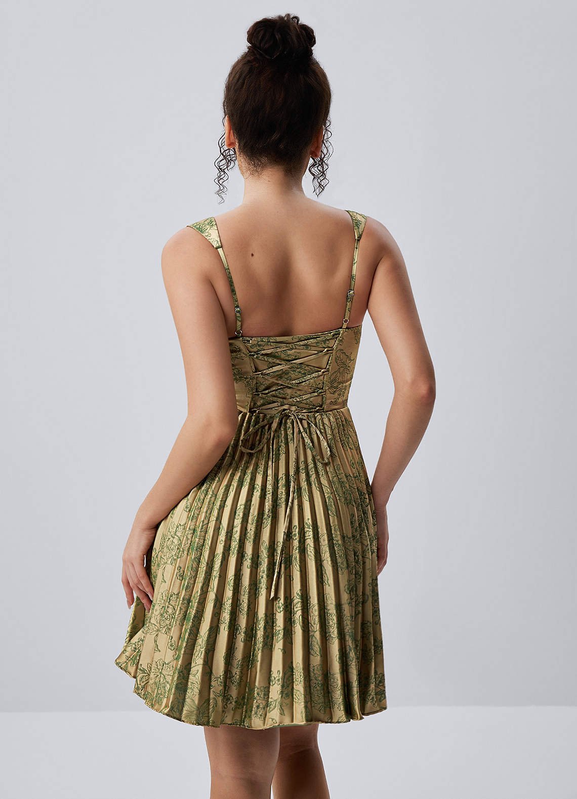 Jade A-Line Mini Corset Floral Satin Prom Dress in Green Brown