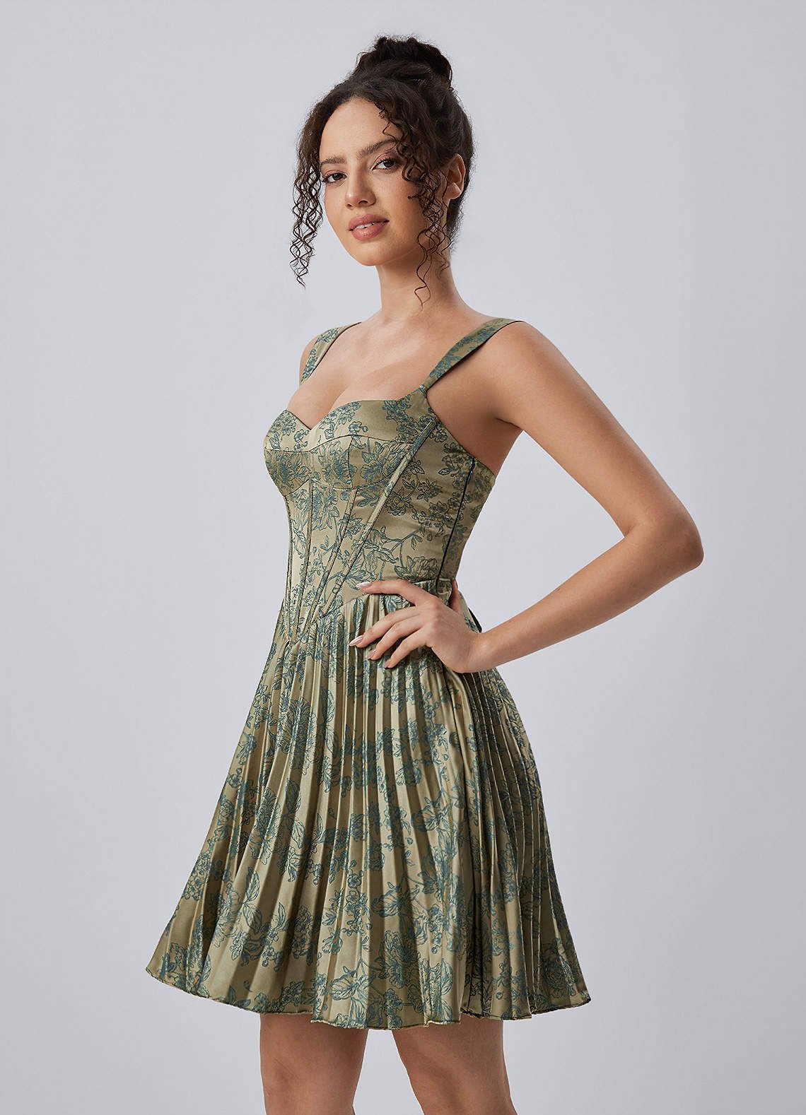 Jade A-Line Mini Corset Floral Satin Prom Dress in Platinum Teal