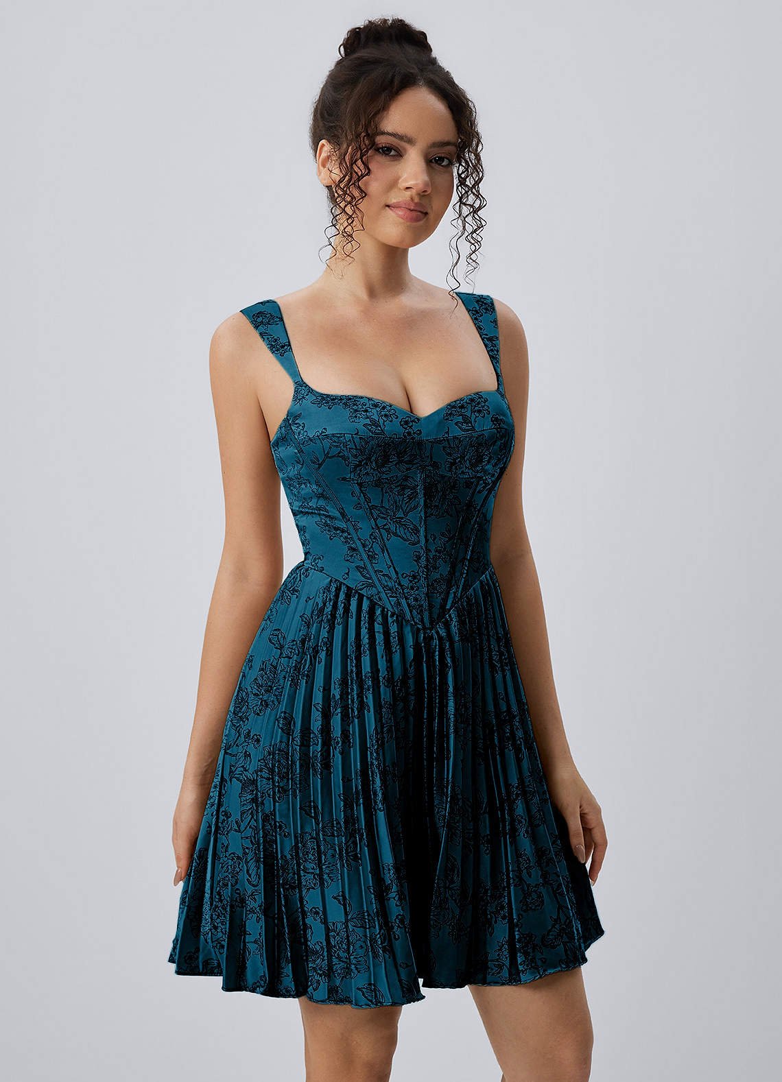 Jade A-Line Mini Corset Floral Satin Prom Dress in Navy Black