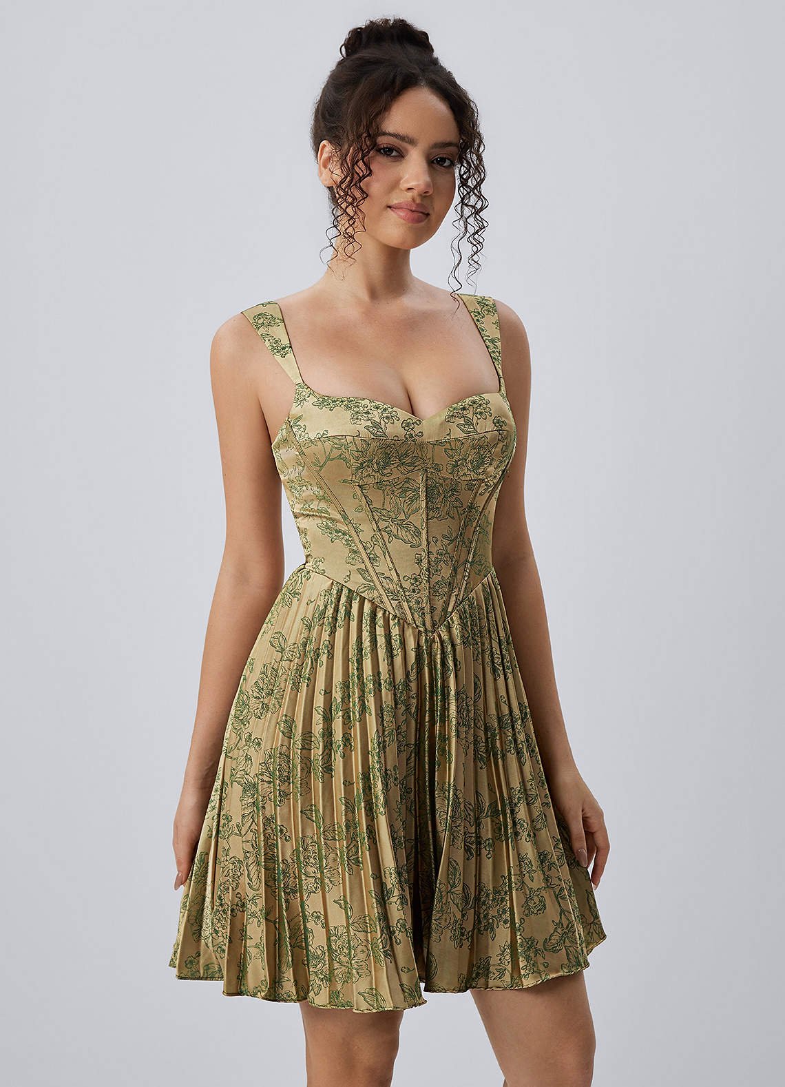 Jade A-Line Mini Corset Floral Satin Prom Dress in Green Brown