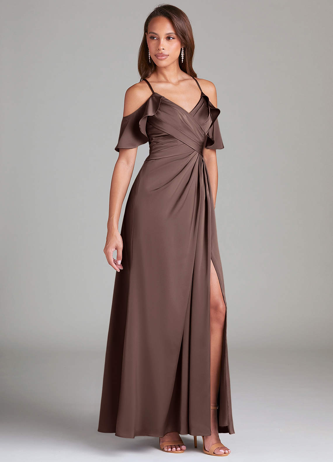 Dakota A-Line V-Neck Stretch Satin Bridesmaid Dress in Ganache