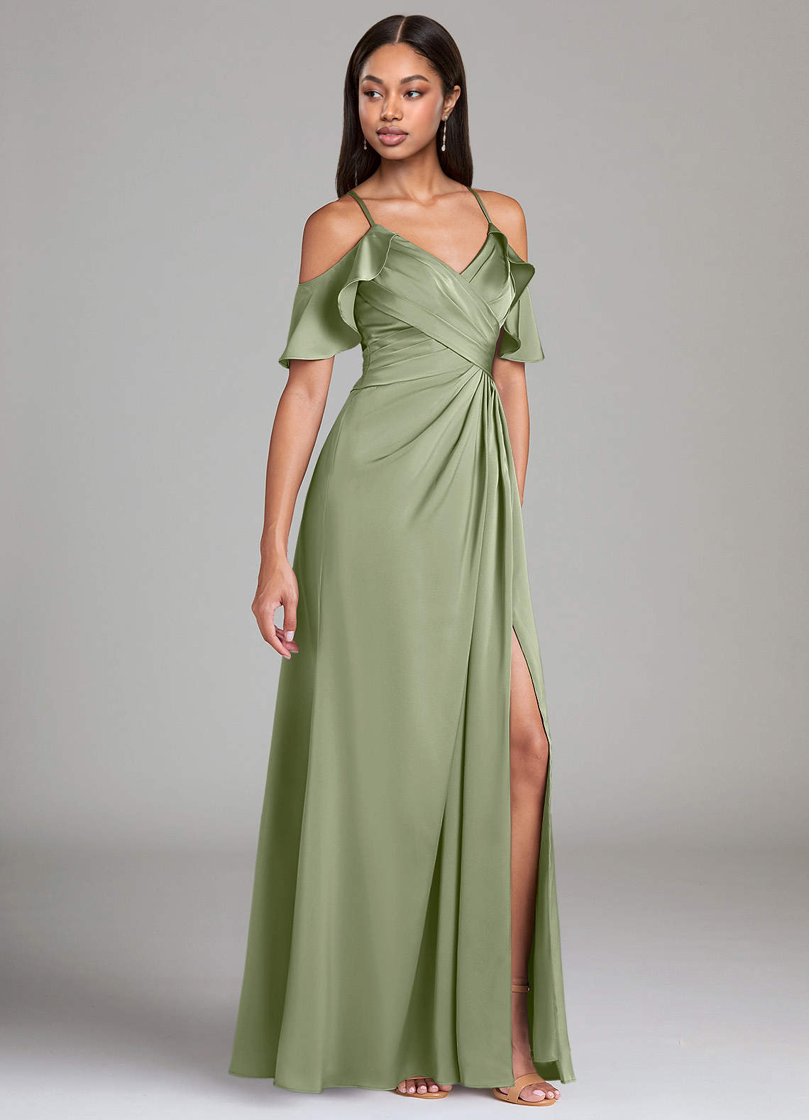 Dakota A-Line V-Neck Stretch Satin Bridesmaid Dress in Pistachio