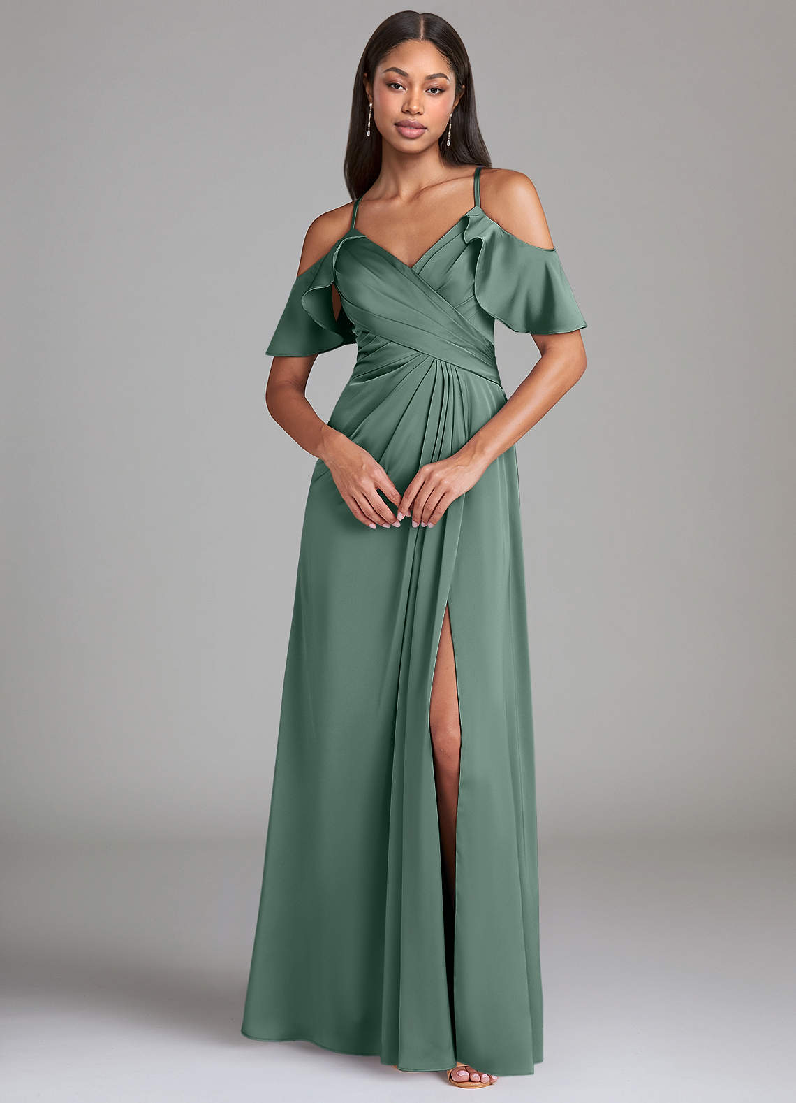 Dakota A-Line V-Neck Stretch Satin Bridesmaid Dress in Eucalyptus