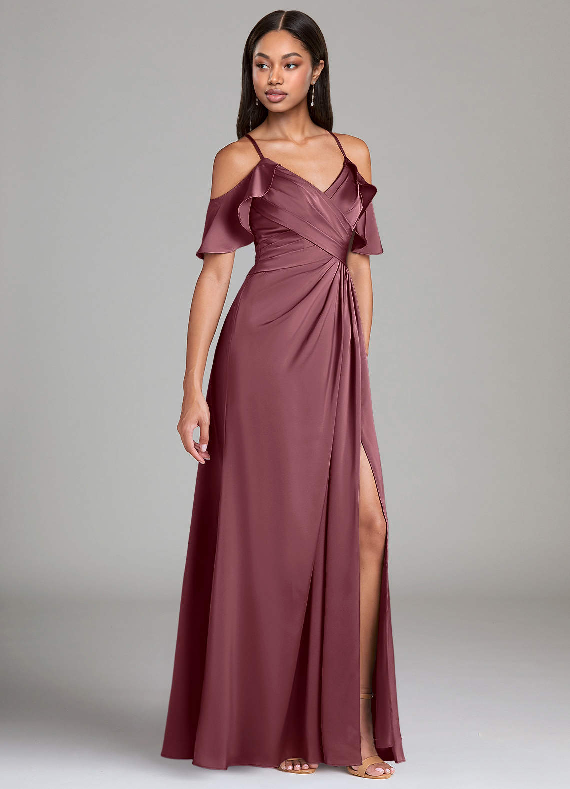 Dakota A-Line V-Neck Stretch Satin Bridesmaid Dress in Desert Rose