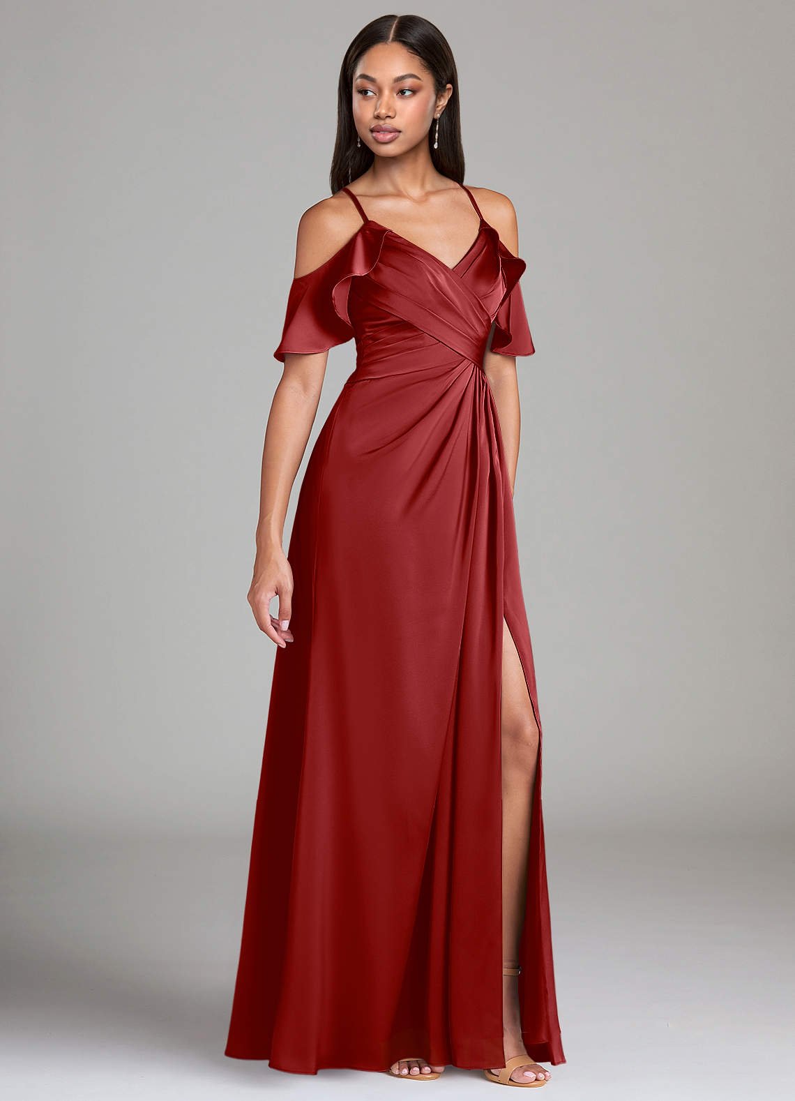 Dakota A-Line V-Neck Stretch Satin Bridesmaid Dress in Pomegranate