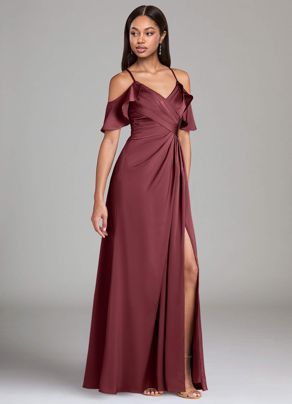 Dakota A-Line V-Neck Stretch Satin Bridesmaid Dress in Merlot