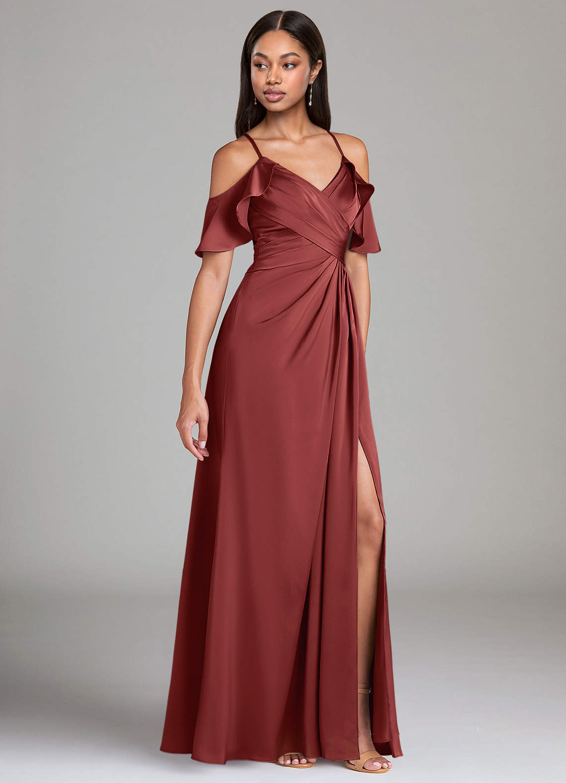 Dakota A-Line V-Neck Stretch Satin Bridesmaid Dress in Terracotta