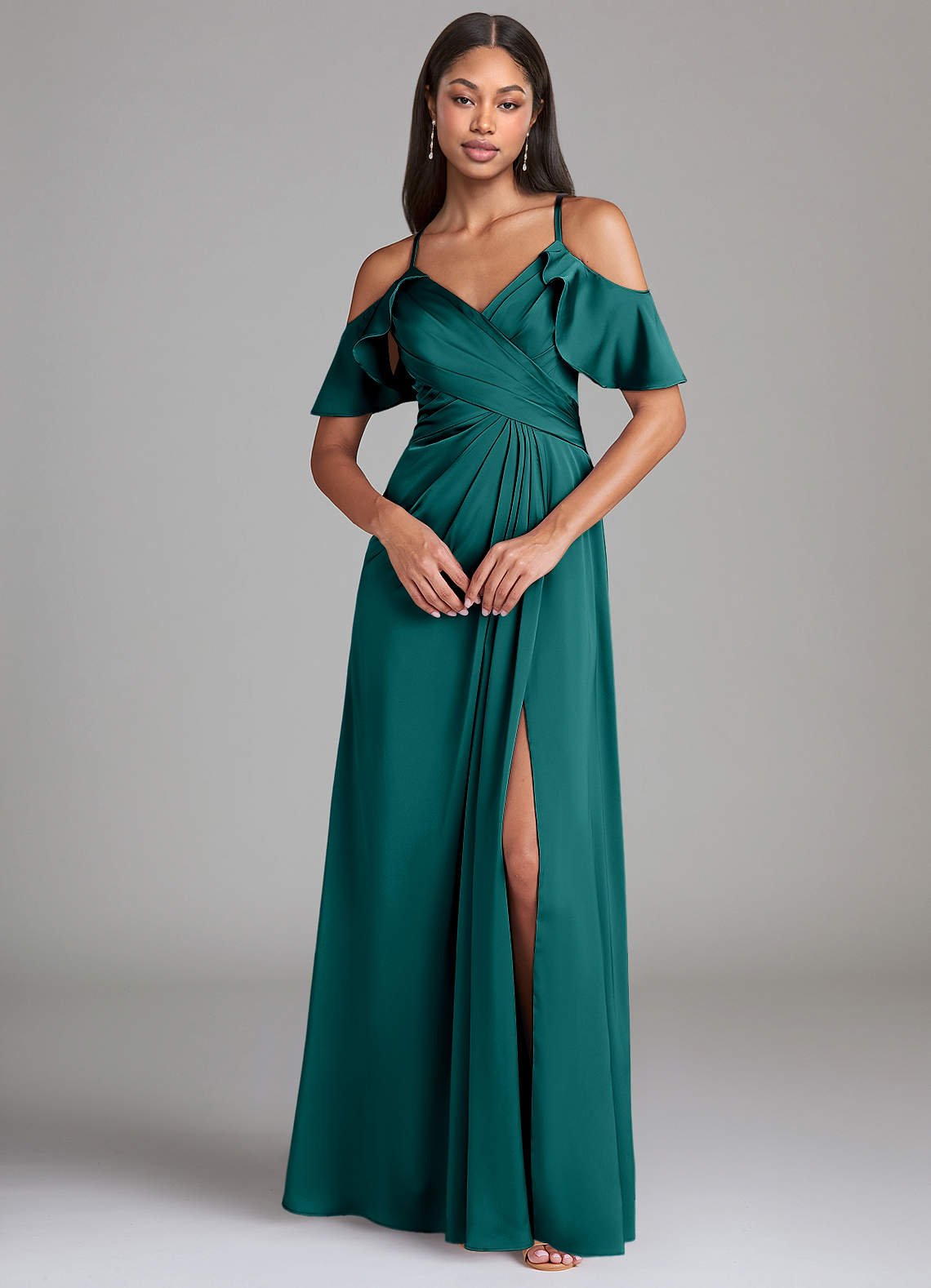 Dakota A-Line V-Neck Stretch Satin Bridesmaid Dress in Peacock