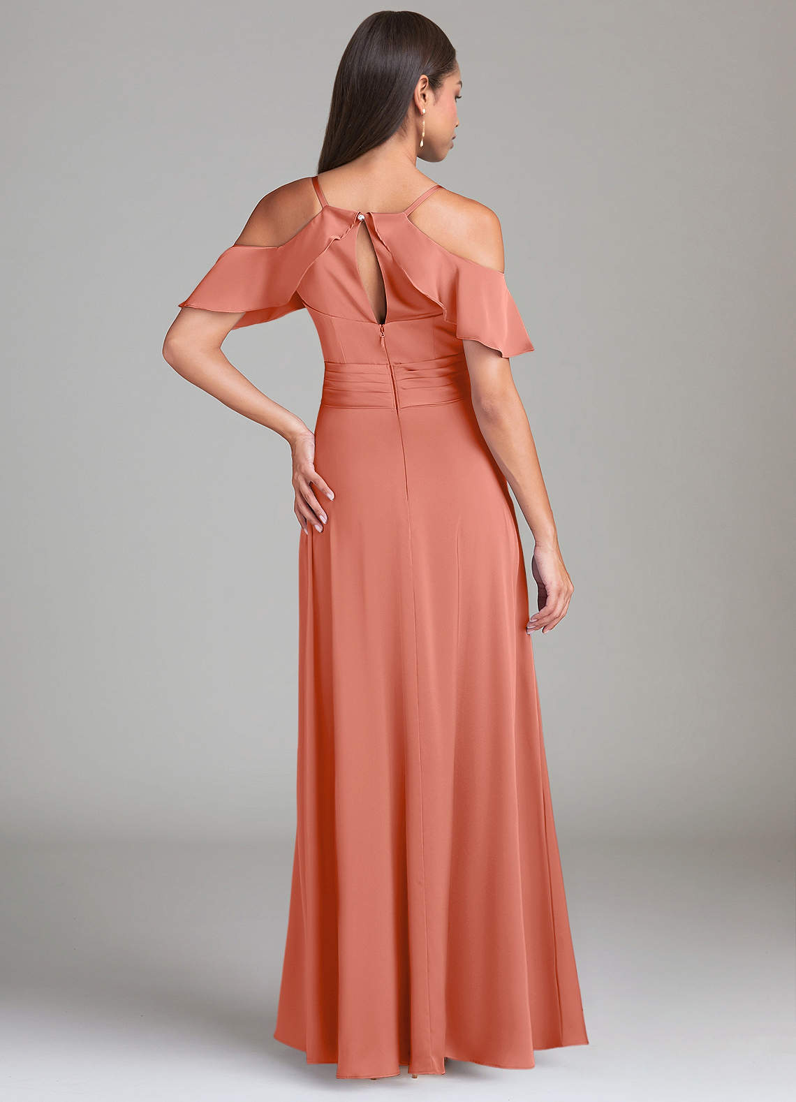 Dakota A-Line V-Neck Stretch Satin Bridesmaid Dress in Salmon Pink