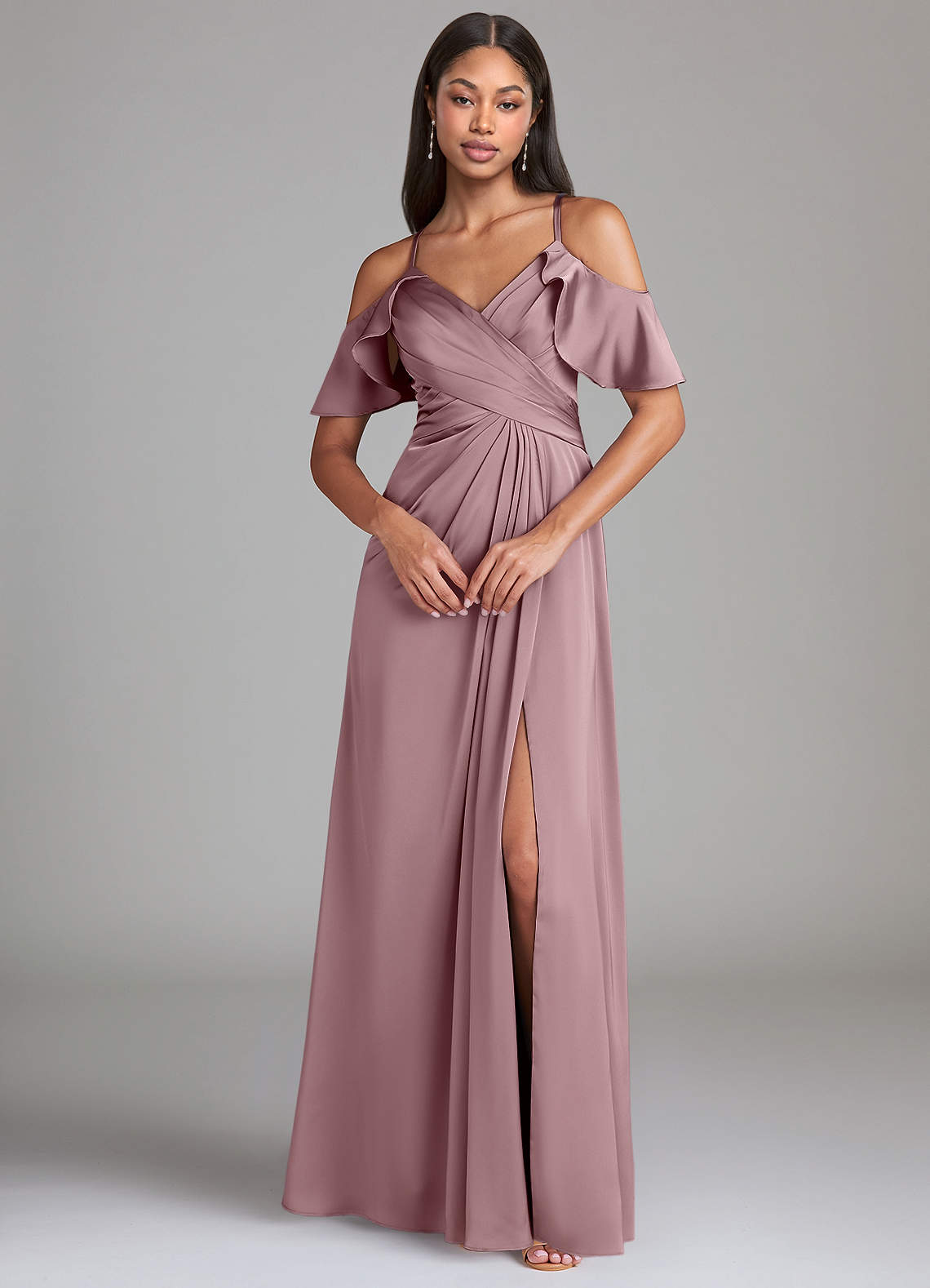 Dakota A-Line V-Neck Stretch Satin Bridesmaid Dress in dusty rose