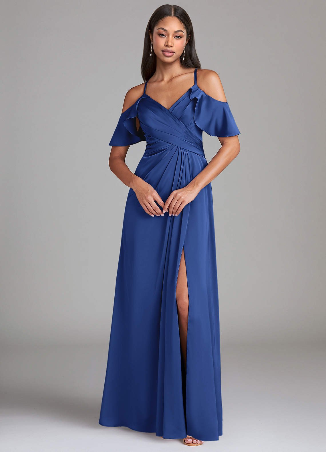 Dakota A-Line V-Neck Stretch Satin Bridesmaid Dress in Royal Blue