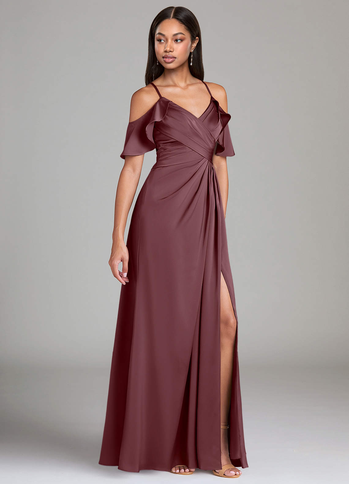 Dakota A-Line V-Neck Stretch Satin Bridesmaid Dress in Sangria