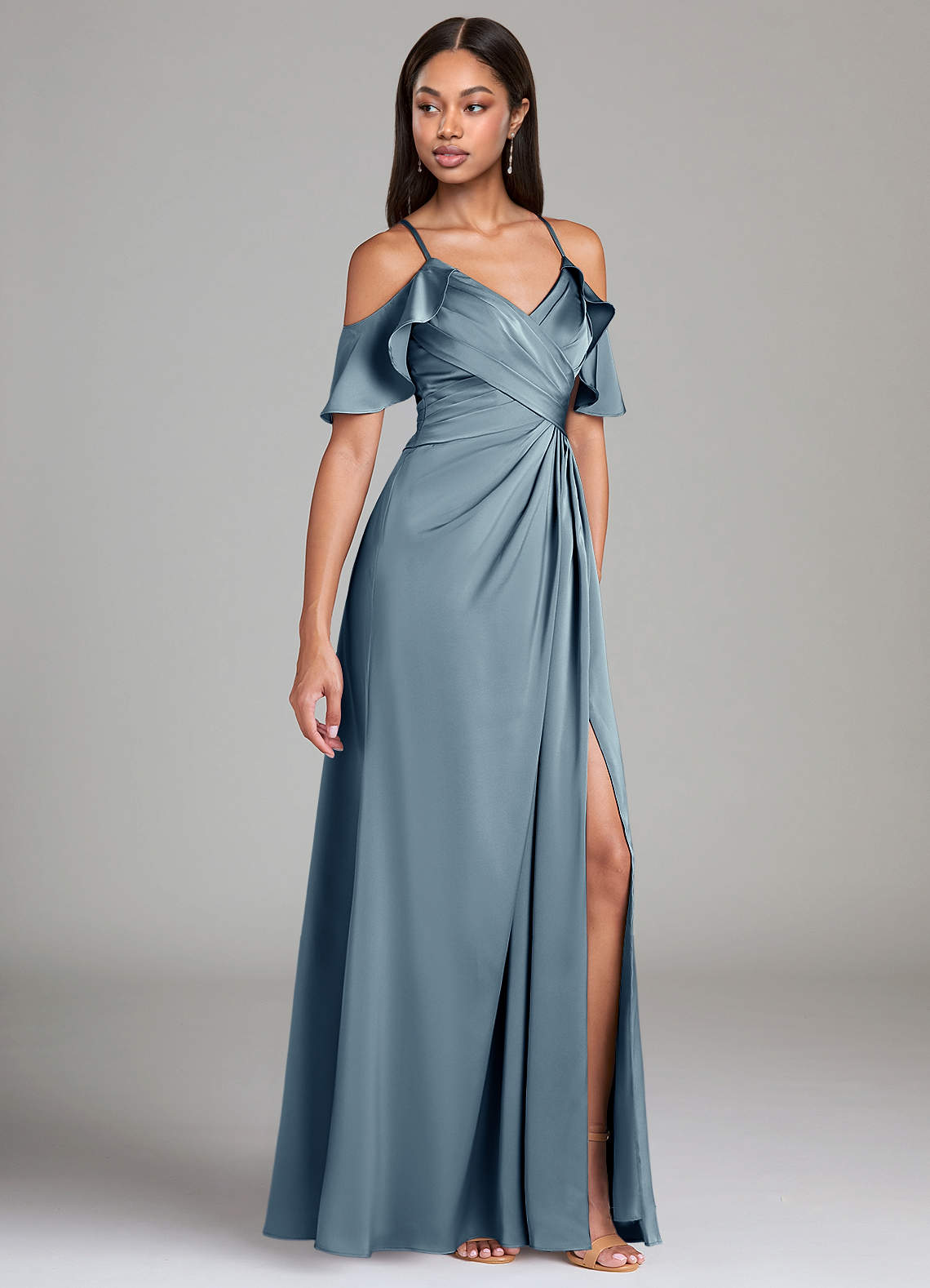 Dakota A-Line V-Neck Stretch Satin Bridesmaid Dress in dusty blue
