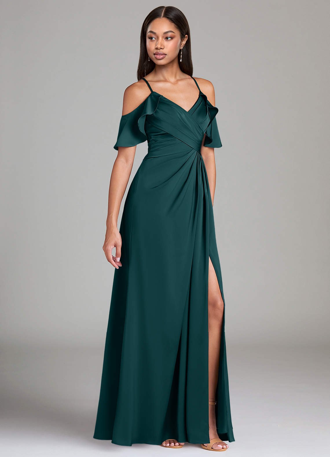 Dakota A-Line V-Neck Stretch Satin Bridesmaid Dress in Pine