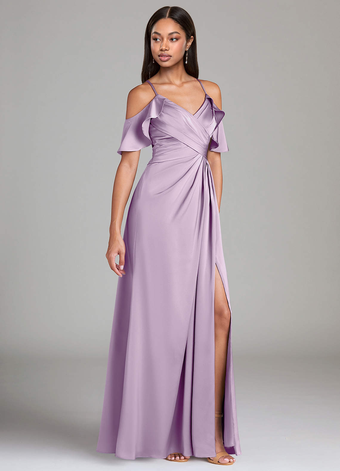 Dakota A-Line V-Neck Stretch Satin Bridesmaid Dress in Frosted Lilac