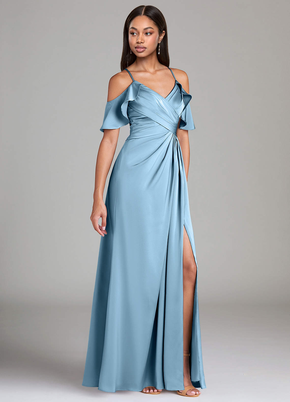 Dakota A-Line V-Neck Stretch Satin Bridesmaid Dress in Steel Blue