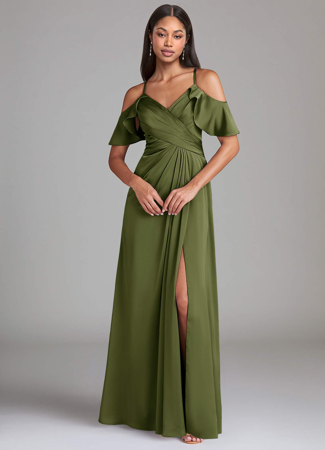 Dakota A-Line V-Neck Stretch Satin Bridesmaid Dress in Olive