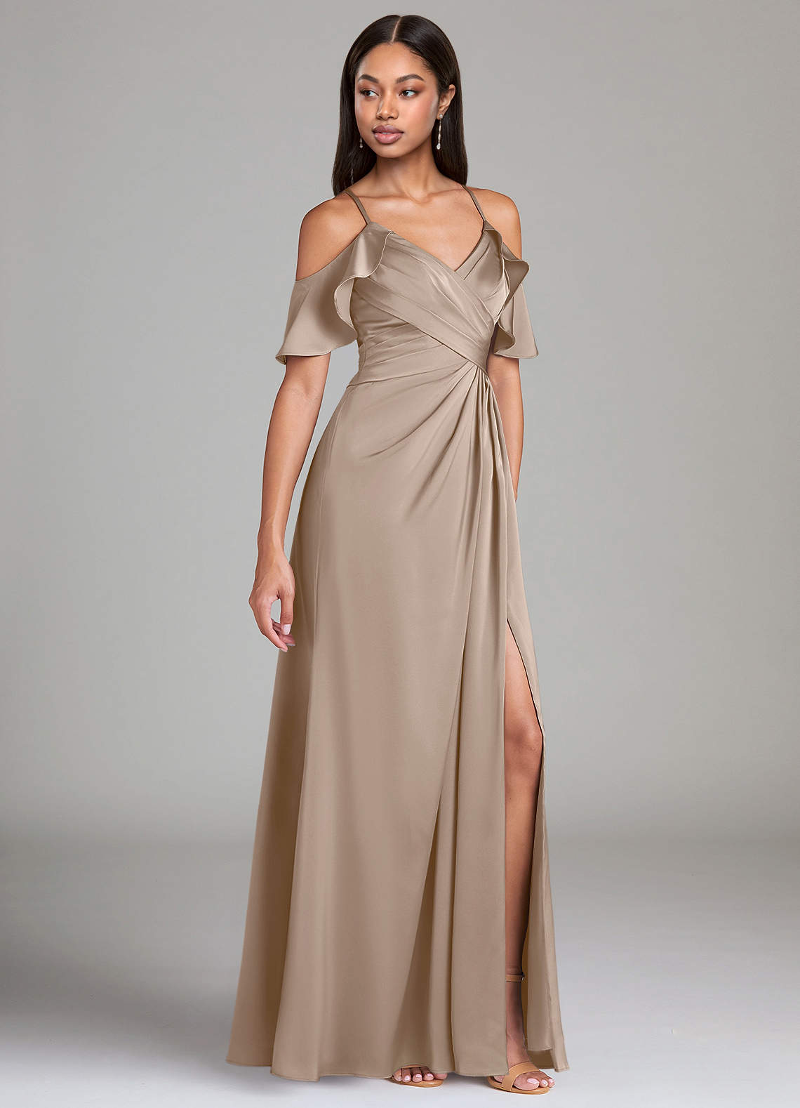 Dakota A-Line V-Neck Stretch Satin Bridesmaid Dress in Taupe