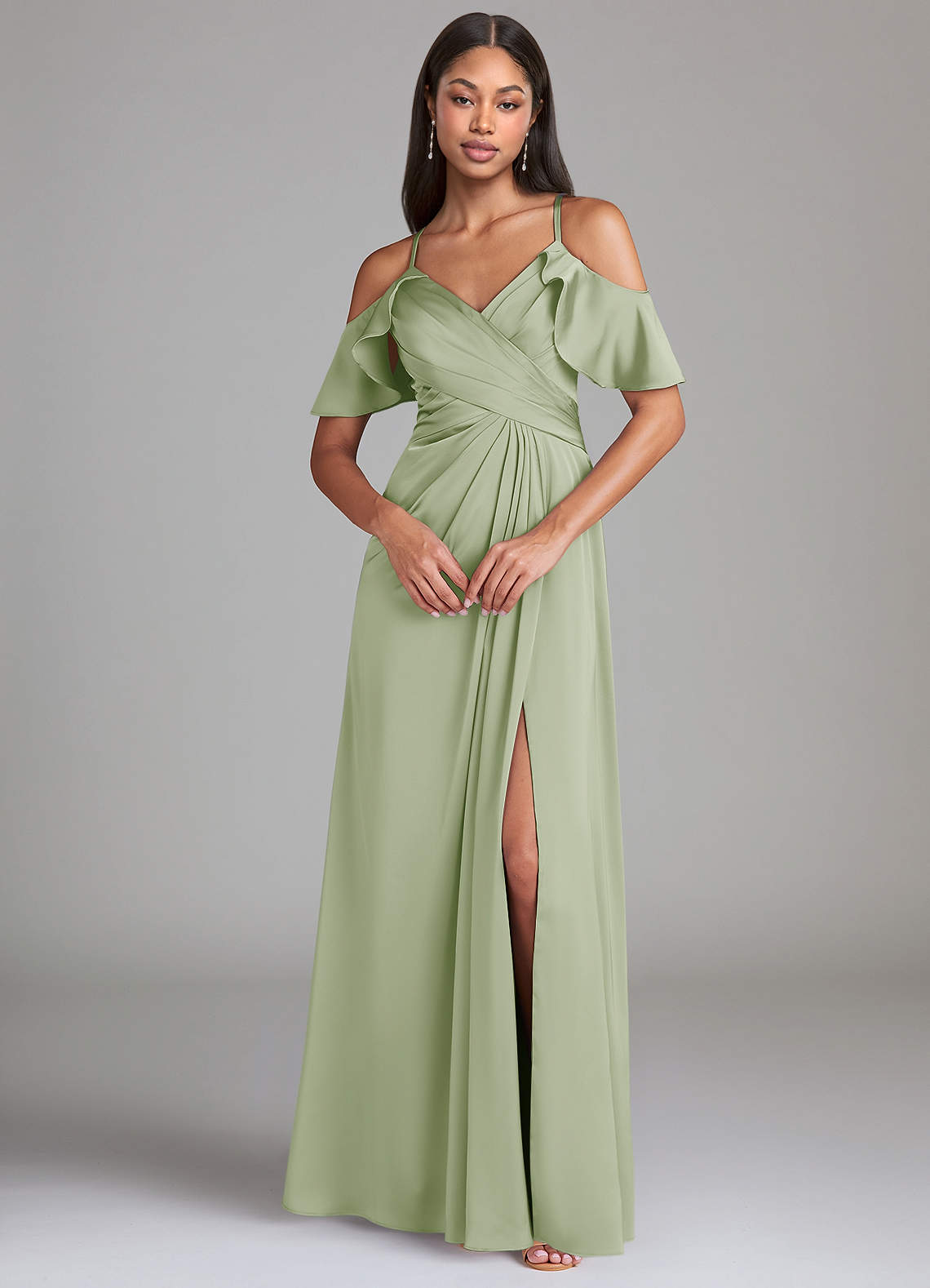 Dakota A-Line V-Neck Stretch Satin Bridesmaid Dress in Dusty Sage