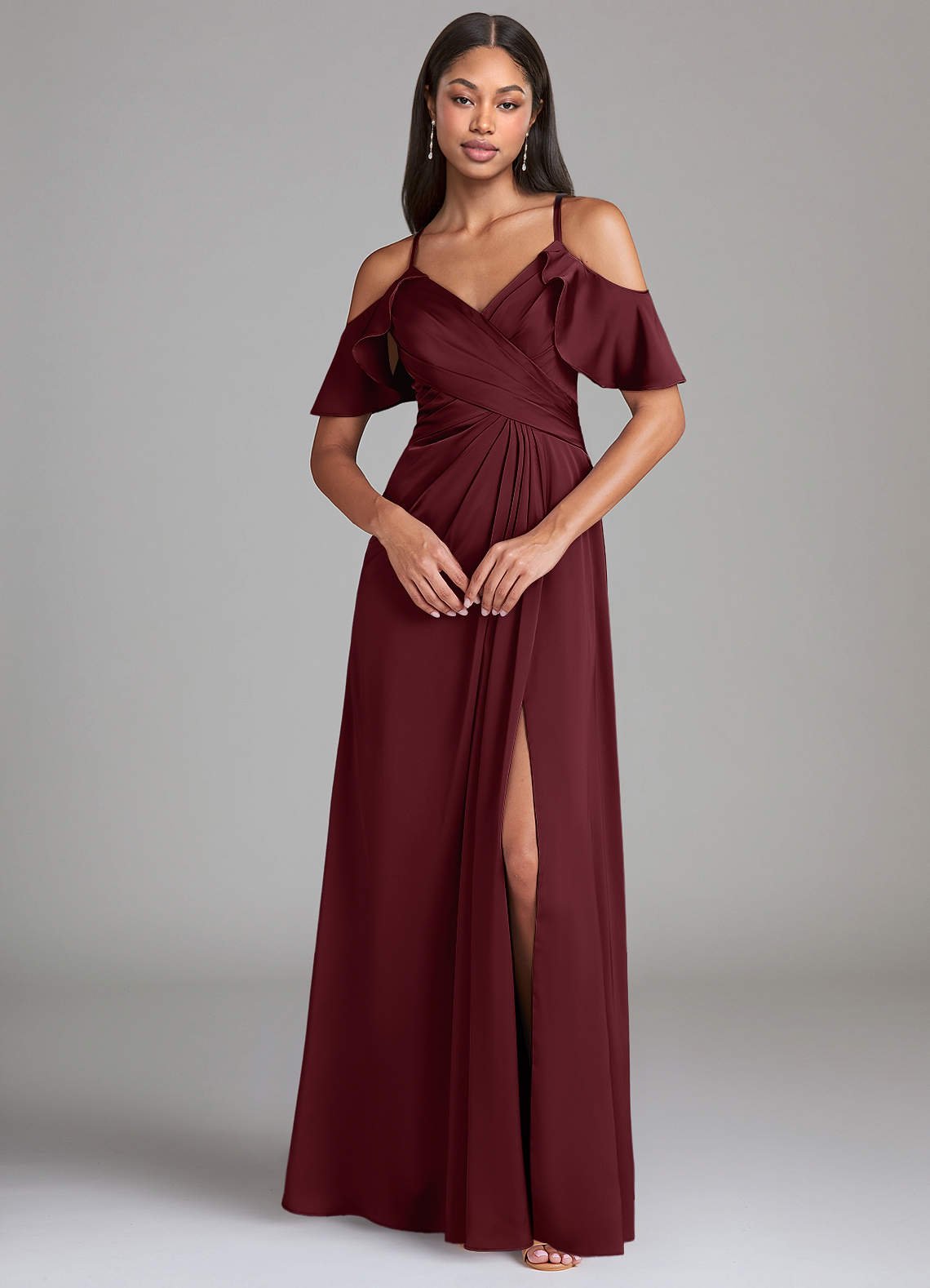 Dakota A-Line V-Neck Stretch Satin Bridesmaid Dress in Cabernet