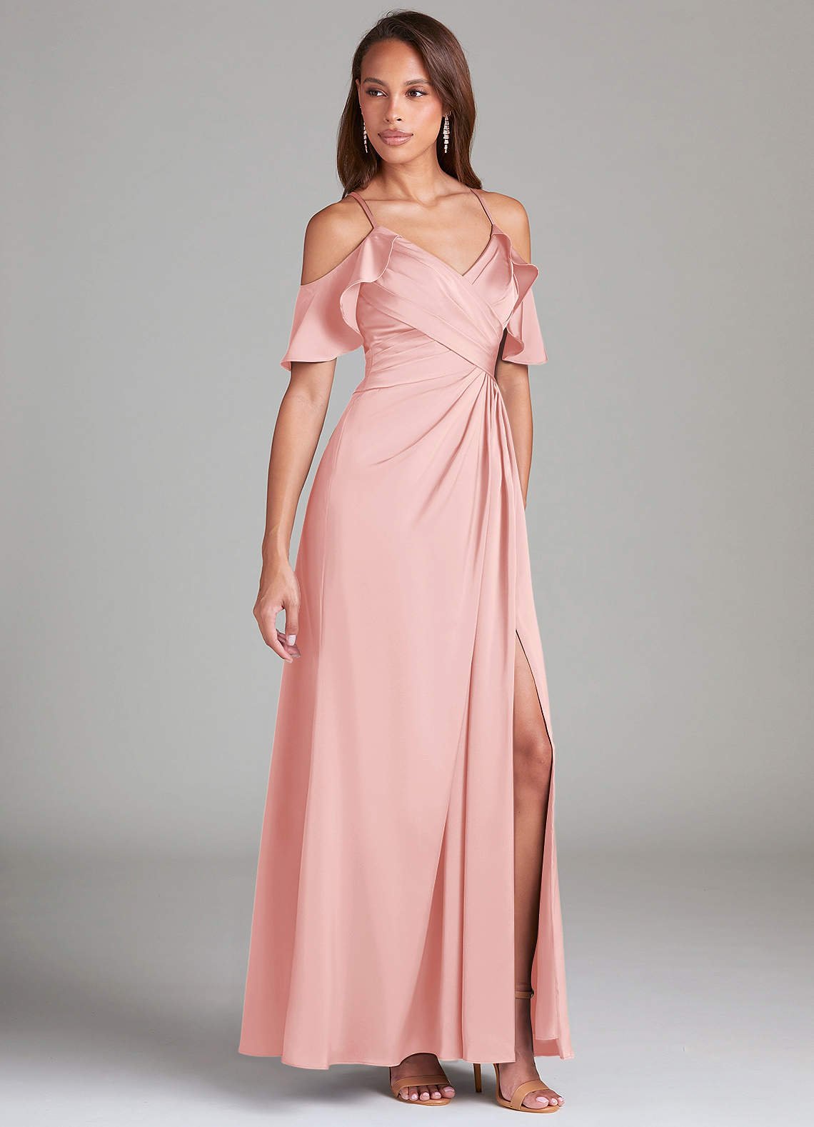 Dakota A-Line V-Neck Stretch Satin Bridesmaid Dress in Powder Pink