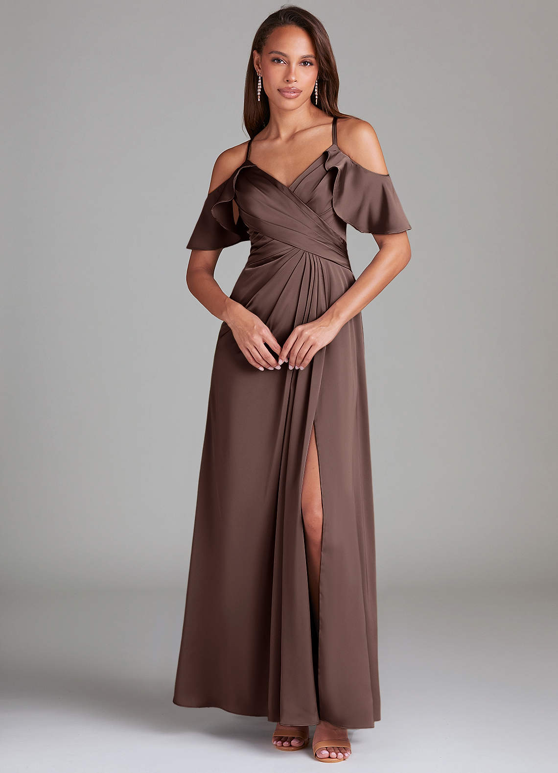 Dakota A-Line V-Neck Stretch Satin Bridesmaid Dress in Ganache