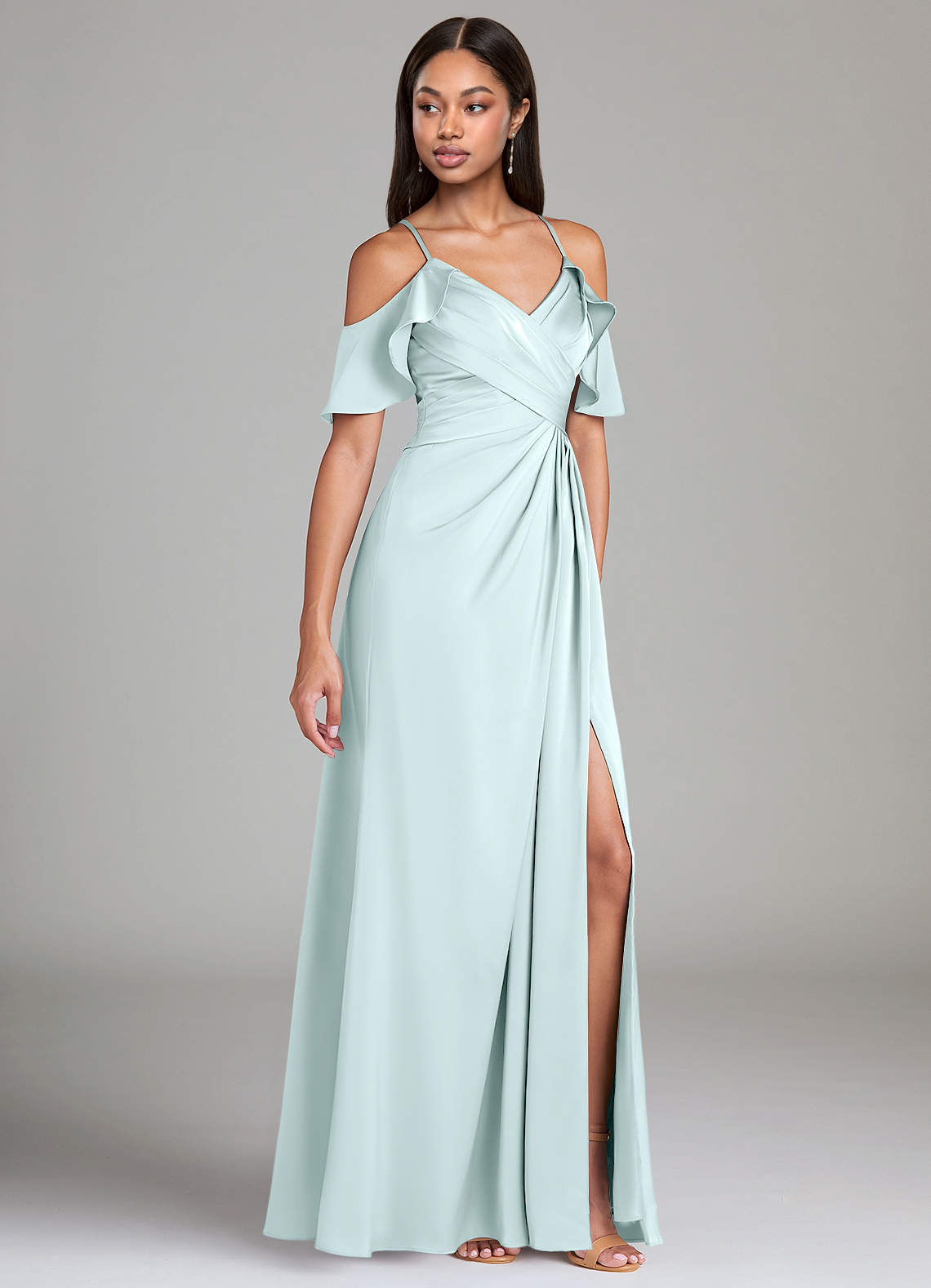 Dakota A-Line V-Neck Stretch Satin Bridesmaid Dress in Sea Glass