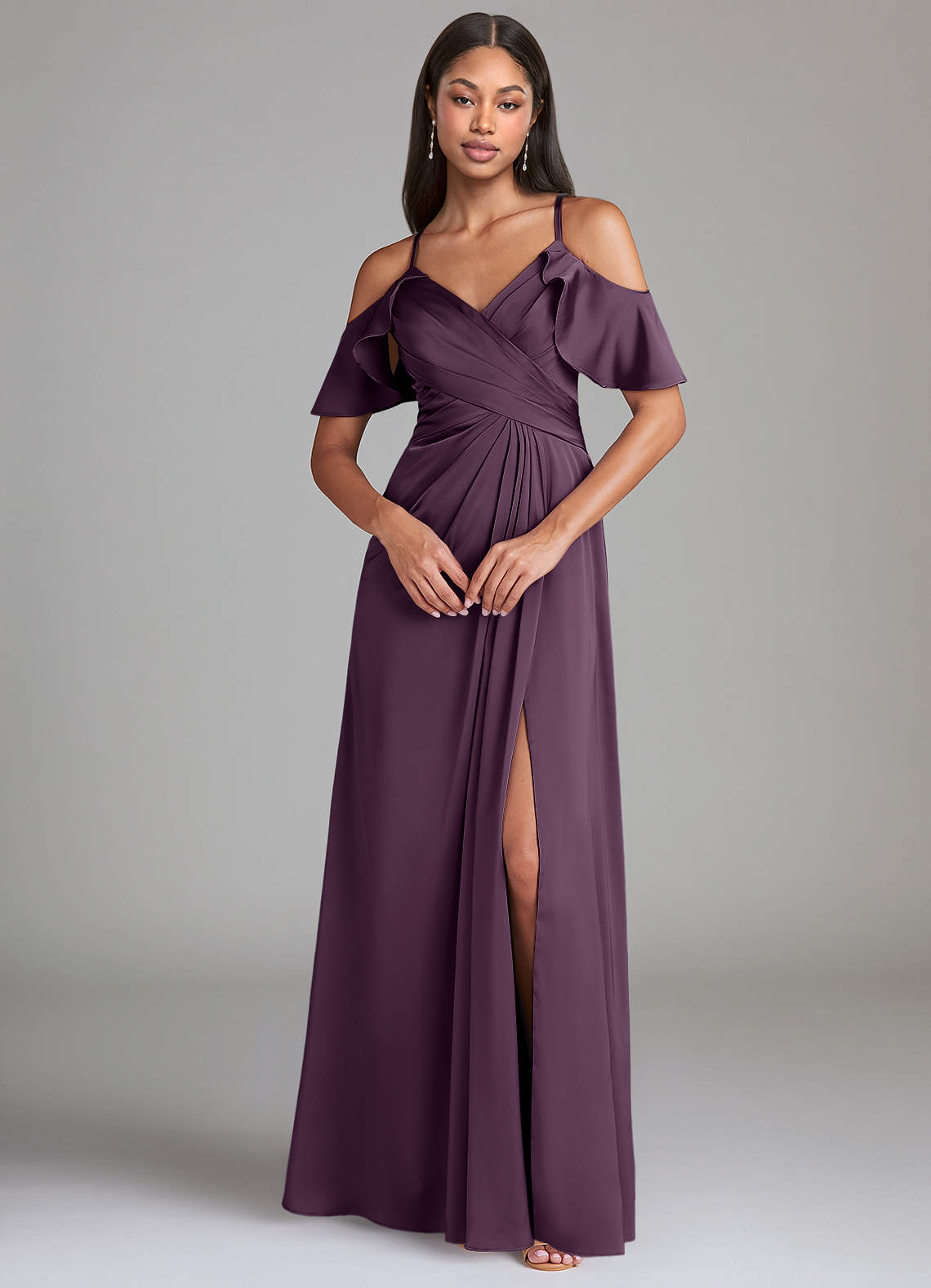 Dakota A-Line V-Neck Stretch Satin Bridesmaid Dress in Plum
