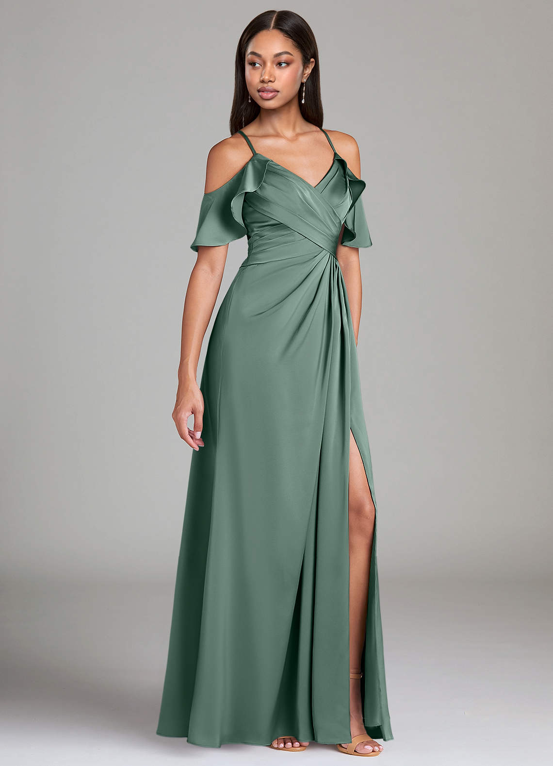 Dakota A-Line V-Neck Stretch Satin Bridesmaid Dress in Eucalyptus