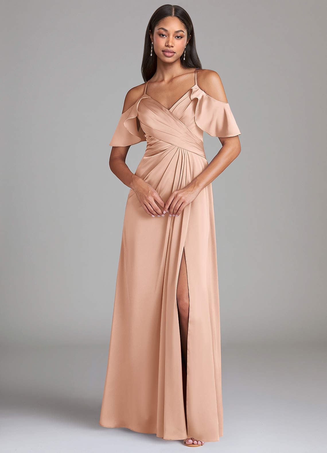 Dakota A-Line V-Neck Stretch Satin Bridesmaid Dress in rose gold