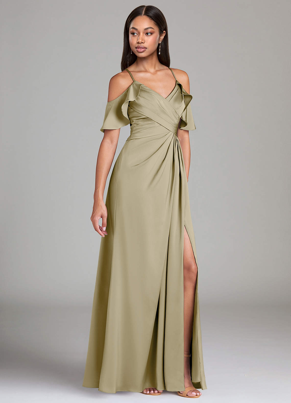 Dakota A-Line V-Neck Stretch Satin Bridesmaid Dress in Moss Green